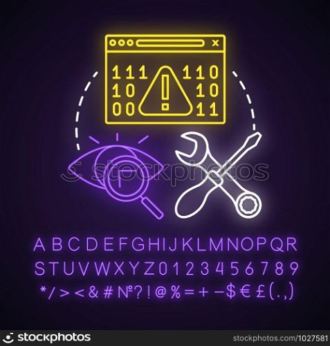 Debugger neon light concept icon. Debugging tool. Testing and setting software. Code error checking idea. Glowing sign with alphabet, numbers and symbols. Vector isolated illustration