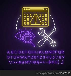 Debugger neon light concept icon. Debugging tool. Testing and setting software. Code error checking idea. Glowing sign with alphabet, numbers and symbols. Vector isolated illustration