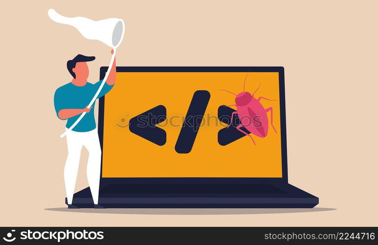 Debugging code software and search bug error from screen laptop. Source datum testing and fixing vector illustration concept. Website security online and development problem. Debug cyber data script