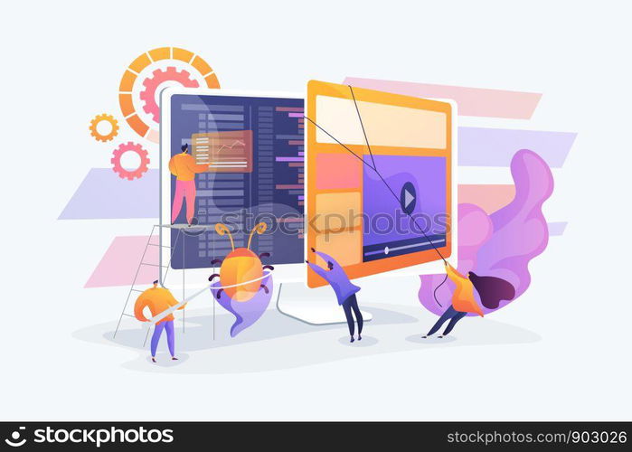 Debugging development process. Programmer work. Game programming. IT software application testing, quality assurance, QA team and bug fixing concept. Vector isolated concept creative illustration. Software testing concept vector illustration