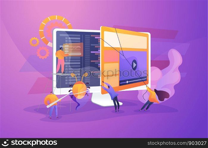 Debugging development process. Programmer work. Game programming. IT software application testing, quality assurance, QA team and bug fixing concept. Vector isolated concept creative illustration. Software testing concept vector illustration