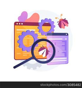 Debugging firewall. Antivirus scanning. Malware fixing. Virus attack, trojan search, bugs detection. System protection. Threat diagnostic. Crash tester. Vector isolated concept metaphor illustration.. Debugging firewall vector concept metaphor