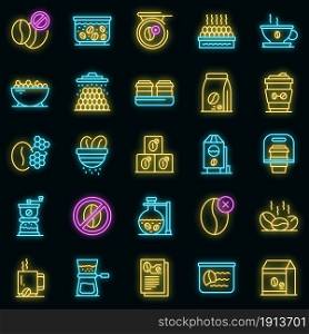 Decaffeinated coffee icons set. Outline set of decaffeinated coffee vector icons neon color on black. Decaffeinated coffee icons set vector neon