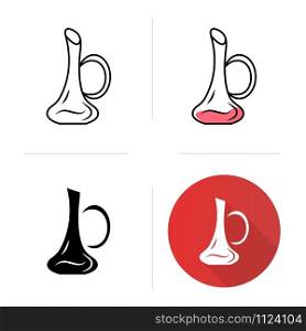 Decanter icons set. Aperitif drink. Party, holiday, celebration. Bar, restaurant, winery. Glassware, tableware. Flat design, linear, black and color styles. Isolated vector illustrations