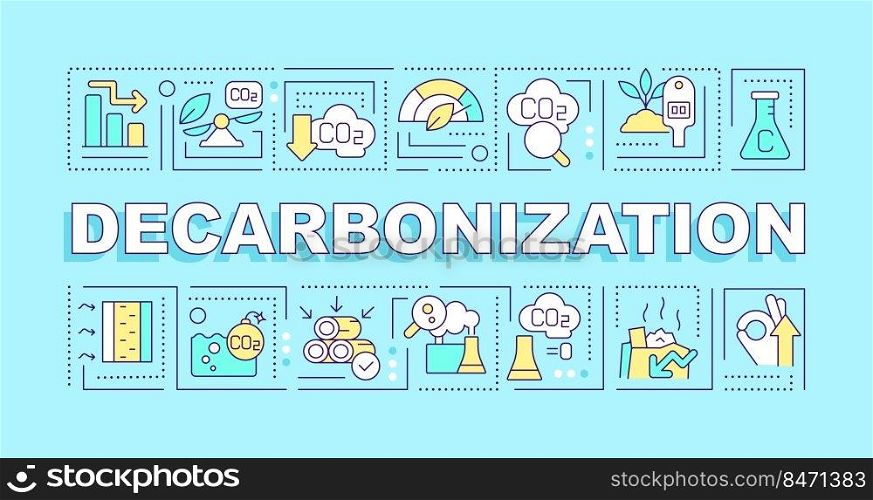 Decarbonization word concepts blue banner. Protect ecology. Infographics with editable icons on color background. Isolated typography. Vector illustration with text. Arial-Black font used. Decarbonization word concepts blue banner