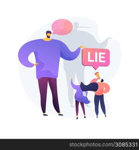 Deceitful man telling lies. People with megaphone incriminate liar with cheating. Fake information spread, fraud accusation, dishonest person. Vector isolated concept metaphor illustration. Telling lies vector concept metaphor