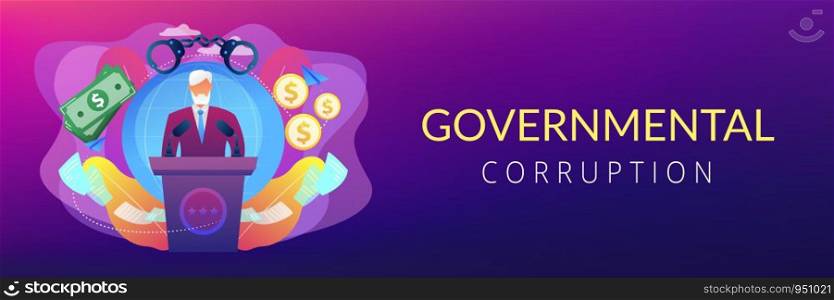 Deceitful politician speaking from tribune, corruption in politics. Political corruption, bribery and tax offence, governmental corruption concept. Header or footer banner template with copy space.. Political corruption concept banner header.