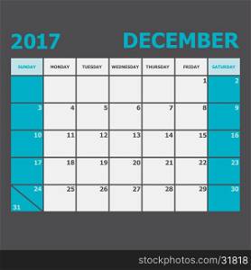 December 2017 calendar week starts on Sunday, stock vector