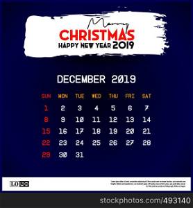 December 2019 Calendar Template. merry Christmas and Happy new year blue background. Vector EPS10 Abstract Template background