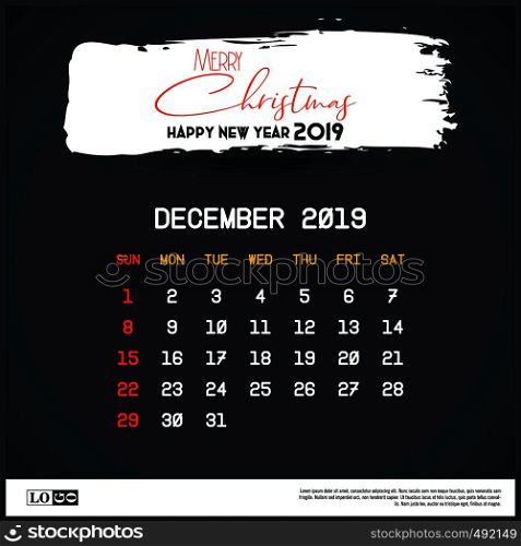 December 2019 New year Calendar Template. Brush Stroke Header Background. Vector EPS10 Abstract Template background
