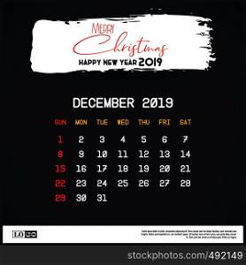 December 2019 New year Calendar Template. Brush Stroke Header Background. Vector EPS10 Abstract Template background