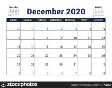 December 2020 calendar. English planner. ?olor vector template. Week starts on Sunday. Business planning. New year calender. Clean minimal table. Simple design