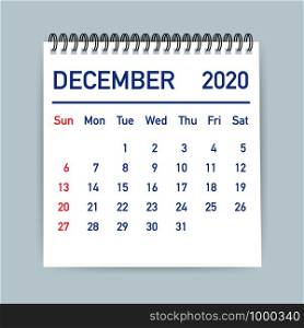 December 2020 Calendar Leaf. Calendar 2020 in flat style. A5 size. Vector stock illustration.. December 2020 Calendar Leaf. Calendar 2020 in flat style. A5 size. Vector illustration.