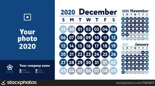 December 2020 calendar. New year planner design. English calender. Blue color vector template. Week starts on Sunday. Business planning.