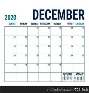 December 2020. Calendar planner. English calender template. Vector square grid. Office business planning. Creative design. Blue color