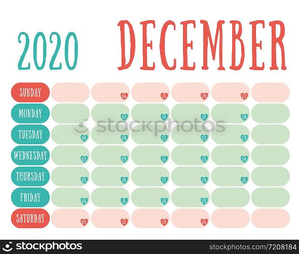December 2020 diary. Calendar. Cute trend design. New year planner. English calender. Green and red color vector template. Notebook for notes. Week starts on Sunday. Planning. Hearts
