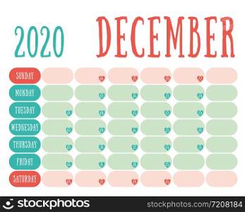 December 2020 diary. Calendar. Cute trend design. New year planner. English calender. Green and red color vector template. Notebook for notes. Week starts on Sunday. Planning. Hearts