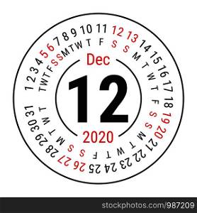December 2020. Vector English ?alendar. Round calender. Week starts on Sunday. Design template. Circle. Twelfth month