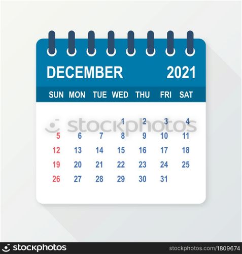 December 2021 Calendar Leaf. Calendar 2021 in flat style. Vector illustration. December 2021 Calendar Leaf. Calendar 2021 in flat style. Vector illustration.