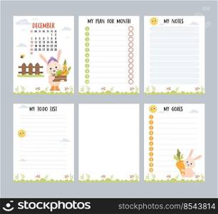 December 2023. Monthly calendar planner with cute rabbit farmer harvesting vegetables. Set vertical page templates to-do list, my plan and notes in English. Week from Sunday. Vector illustration