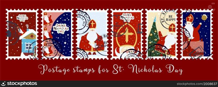 December 6. St. Nicolas day. Sinterkalaas. Winter Christian holiday for children. Christmas Holidays. Postage stamps for St. Nicholas. Stickers for envelopes. Vector festive postage stamps.. December 6. St. Nicolas day. Sinterkalaas. Winter Christian holiday for children. Christmas Holidays. Postage stamps for St. Nicholas. Stickers for envelopes. Vector festive postage stamps