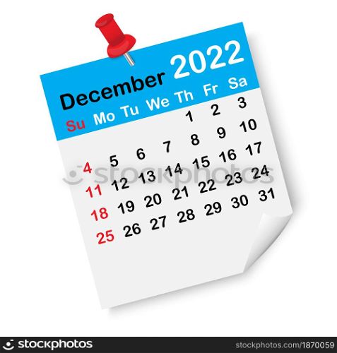 December blue calendar page. Red drawing pin. Winter season 2022. Last month sign. Vector illustration. Stock image. EPS 10.. December blue calendar page. Red drawing pin. Winter season 2022. Last month sign. Vector illustration. Stock image.