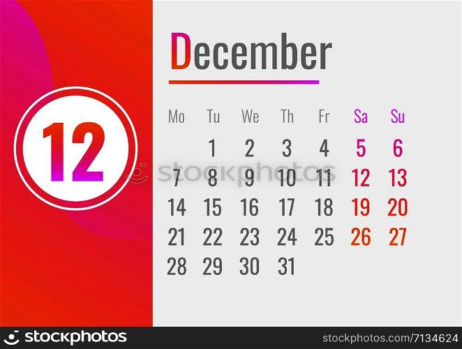 December calendar 2020 concept banner. Cartoon illustration of December calendar 2020 vector concept banner for web design. December calendar 2020 concept banner, cartoon style