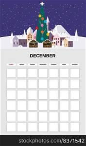 December Calendar Planner month. Minimalistic Christmas city landscape natural backgrounds Winter. Monthly template for diary business. Vector isolated illustration. December Calendar Planner month. Minimalistic Christmas city landscape natural backgrounds Winter. Monthly template for diary business. Vector isolated