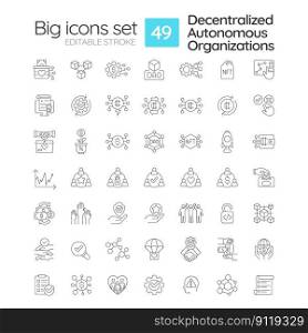 Decentralized autonomous organizations linear icons set. Internet technology in business. Innovations. Customizable thin line symbols. Isolated vector outline illustrations. Editable stroke. Decentralized autonomous organizations linear icons set