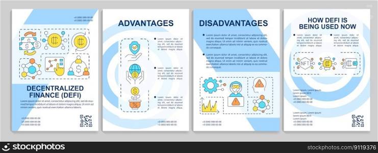 Decentralized finance blue brochure template. Blockchain. Leaflet design with linear icons. Editable 4 vector layouts for presentation, annual reports. Arial, Myriad Pro-Regular fonts used. Decentralized finance blue brochure template