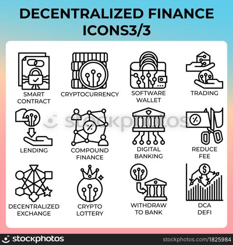 Decentralized finance (DeFi) icon set in modern style for ui, ux, web, app, brochure, flyer and presentation design, etc.