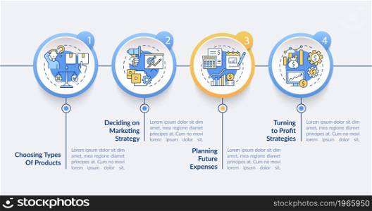 Decide on business model blue vector infographic template. Enterprise presentation outline design elements. Data visualization with 4 step. Process timeline info chart. Workflow layout with line icons. Decide on business model blue vector infographic template