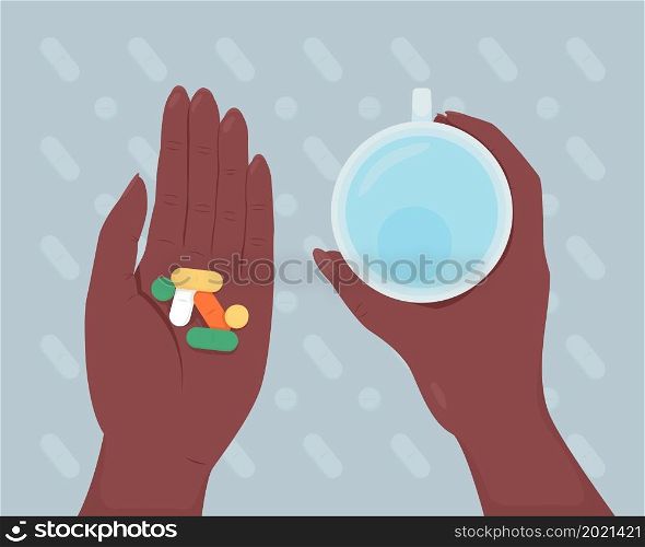 Deciding taking pills flat color vector illustration. Medical treatment for disease. Prescription for illness. Holding medications and cup of water 2D cartoon first view hand with abstract background. Deciding taking pills flat color vector illustration