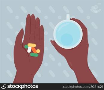 Deciding taking pills flat color vector illustration. Medical treatment for disease. Prescription for illness. Holding medications and cup of water 2D cartoon first view hand with abstract background. Deciding taking pills flat color vector illustration