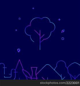 Deciduous tree gradient line vector icon, simple illustration on a dark blue background, forest, garden related bottom border.. Deciduous tree gradient line icon, vector illustration