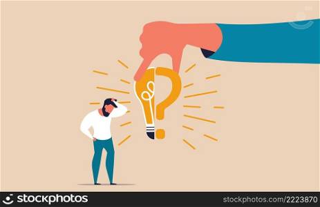 Decision answer and ask to question business problem. Learning concept with solving opinion idea vector illustration. Businessman make wrong choice and success future dilemma. Man with lightbulb mark