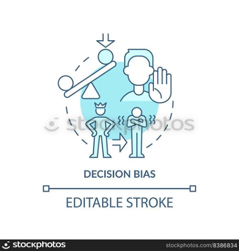 Decision bias turquoise concept icon. Reject new ideas. Adaptability enemy in HR abstract idea thin line illustration. Isolated outline drawing. Editable stroke. Arial, Myriad Pro-Bold fonts used. Decision bias turquoise concept icon