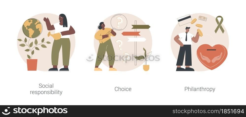 Decision making abstract concept vector illustration set. Social responsibility, choice, philanthropy, social value, private initiative, problem solving, donation fund, volunteering abstract metaphor.. Decision making abstract concept vector illustrations.