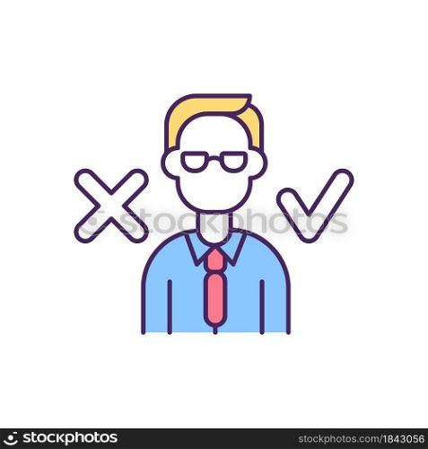 Decision making RGB color icon. Manager with problem solving skills. Employee strategy for choosing option. Worker with uncertainty. Isolated vector illustration. Simple filled line drawing. Decision making RGB color icon