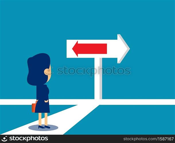 Decision of business and direction life. Concept business choice vector illustration, Cross Roads, Road Sign, Kid or Cute flat cartoon character style design.