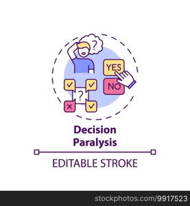 Decision paralysis concept icon. Procrastination reason idea thin line illustration. Inability choosing between options. Cognitive overload. Vector isolated outline RGB color drawing. Editable stroke. Decision paralysis concept icon