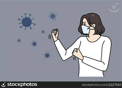 Decisive angry woman in facemask fight covid-19 virus pandemics. Mad girl in facial mask protect from corona virus epidemics. Coronavirus illness concept. Flat vector illustration. . Angry woman in facemask fight covid-19 