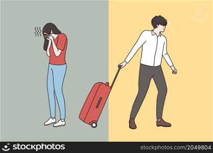 Decisive man with suitcase leave crying unhappy woman. Family separation. Husband with luggage breakup with upset desperate wife feeling depressed. Marriage dissolution. Vector illustration. . Husband with suitcase leave unhappy crying wife