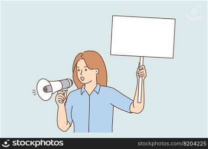Decisive woman with placard scream in loudspeaker on street demonstration. Mad female activist with poster shout in megaphone on march or protest. Vector illustration.. Woman with placard on street demonstration