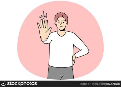 Decisive young man show no hand gesture. Serious male demonstrate stop sign. Nonverbal communication and body language. Vector illustration.. Serious man show stop hand gesture