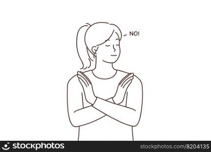 Decisive young woman show stop hand gesture saying no. Girl demonstrate rejection or refusal with sign. Nonverbal communication. Vector illustration. . Young woman show stop with hand gesture 