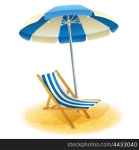Deck Chair With Umbrella Illustration . Deck chair with umbrella and beach sand in summer cartoon vector illustration