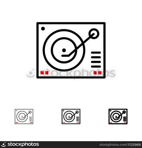 Deck, Device, Phonograph, Player, Record Bold and thin black line icon set