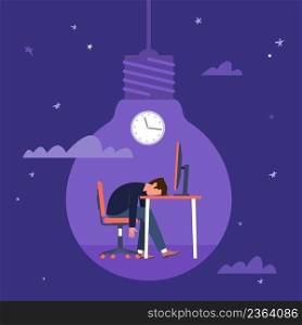 Decline. Creative crisis, sad man sitting at computer at night light bulb on background, successful idea development, failure in work, project deadline, searching strategy, vector cartoon flat concept. Decline. Creative crisis, sad man sitting at computer at night light bulb on background, successful idea development, failure in work, project deadline, searching strategy vector concept