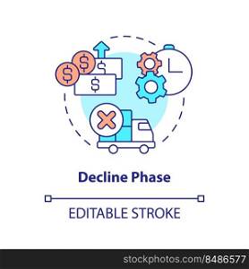Decline phase concept icon. Reduce of consumption. Stage of product lifecycle abstract idea thin line illustration. Isolated outline drawing. Editable stroke. Arial, Myriad Pro-Bold fonts used. Decline phase concept icon